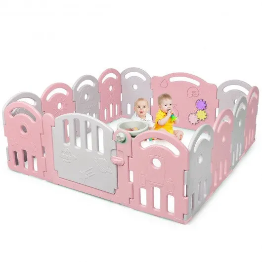 14-Panel Baby Playpen with Music Box & Basketball Hoop-Pink