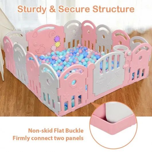 14-Panel Baby Playpen with Music Box & Basketball Hoop-Pink