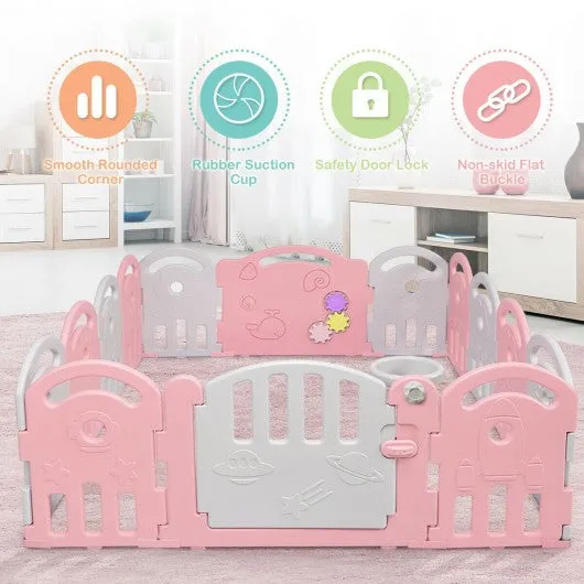 14-Panel Baby Playpen with Music Box & Basketball Hoop-Pink