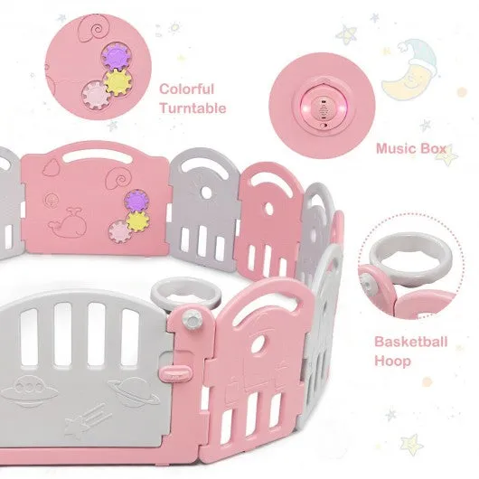 14-Panel Baby Playpen with Music Box & Basketball Hoop-Pink