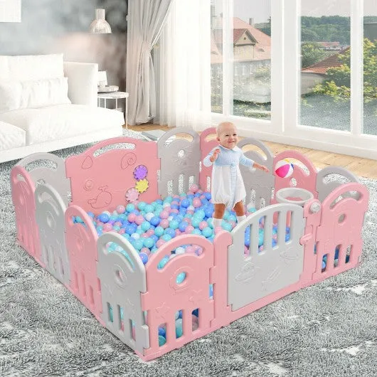 14-Panel Baby Playpen with Music Box & Basketball Hoop-Pink