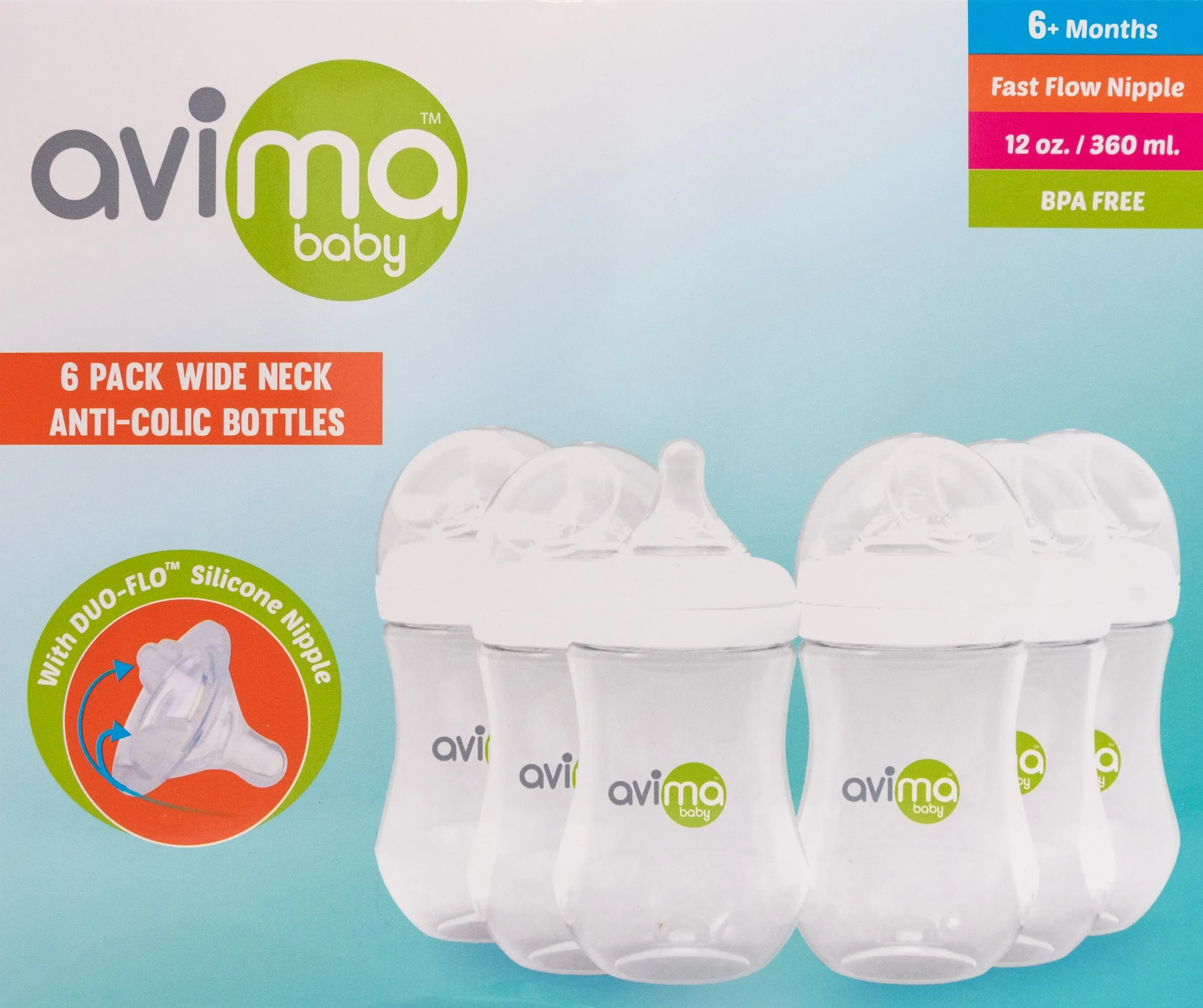 Avima Baby Bottles — 12 oz. Wide Neck, Fast Flow (Set of 6)