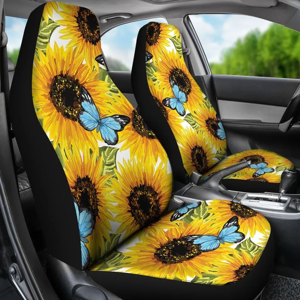 Blue Butterfly Sunflower Pattern Print Universal Fit Car Seat Covers