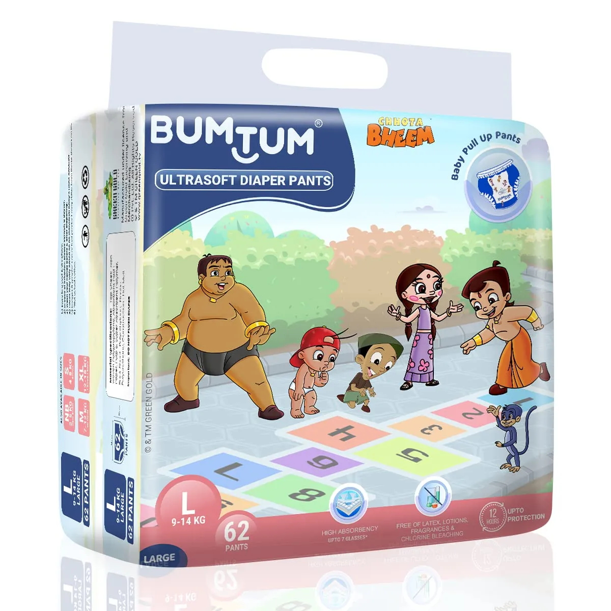 Bumtum Chota Bheem Large/l Size Baby Diaper Pants, 124 Count, Leakage Protection Infused With Aloe Vera, Cottony Soft High Absorb Technology