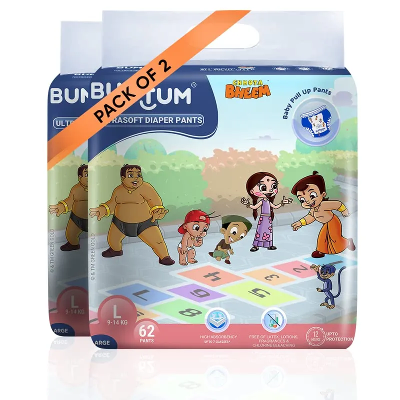 Bumtum Chota Bheem Large/l Size Baby Diaper Pants, 124 Count, Leakage Protection Infused With Aloe Vera, Cottony Soft High Absorb Technology