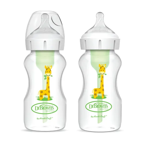 Dr Brown's 9oz/270 mL PP Wide-Neck Anti-Colic Options  Baby Bottle, w/L2 Nipple, Giraffe, 2-pack