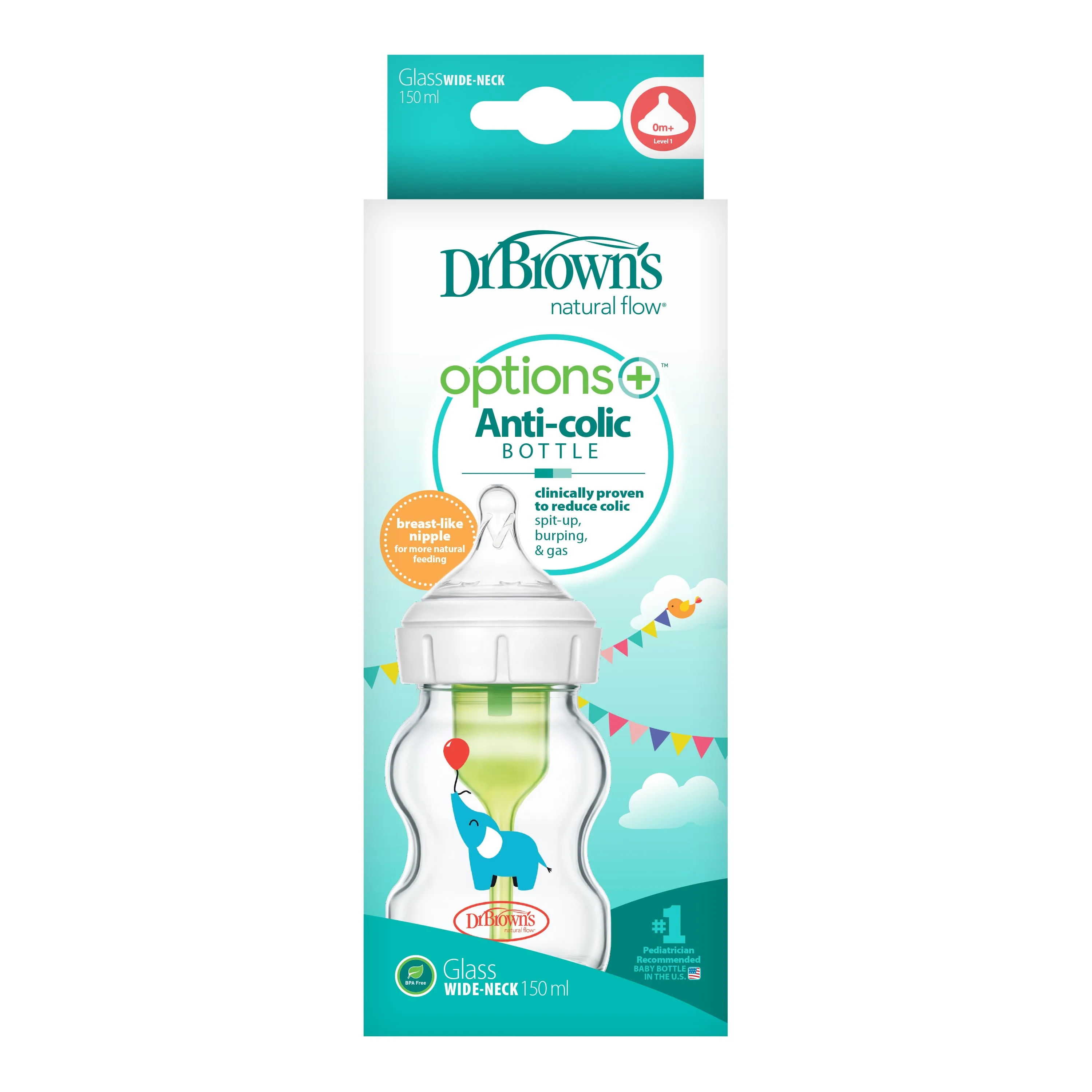 Dr. Brown’s Natural Flow® Anti-Colic Options ™ Wide-Neck GLASS Baby Bottle, with Level 1 Slow Flow Nipple