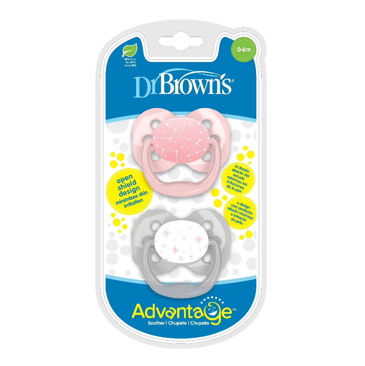 Dr.Brown's Advantage Pacifiers, Stage 1, Pack of 2 - Pink Stars