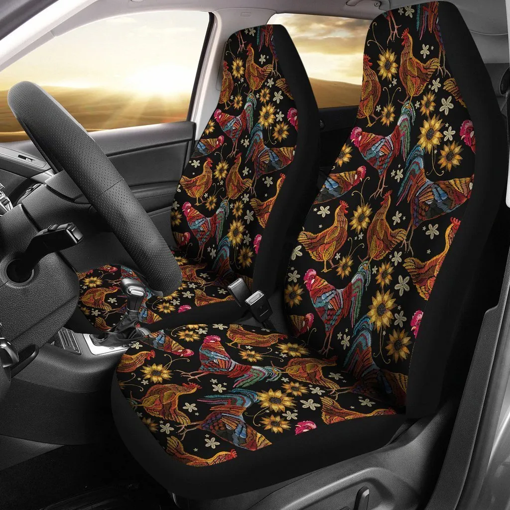 Farm Chicken Hen Flower Pattern Print Seat Cover Car Seat Covers Set 2 Pc, Car Accessories Car Mats