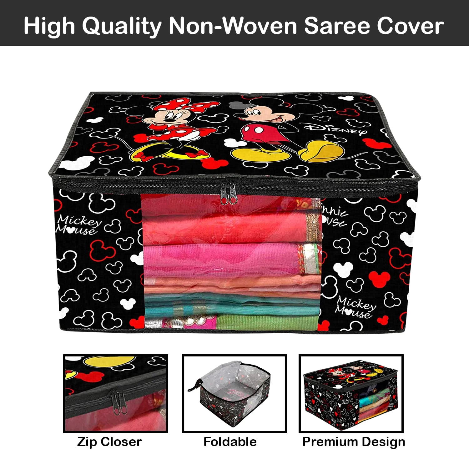 Heart Home Disney Mickey Saree Cover|Non-Woven Foldable Clothes Bag|Transparent Window Wardrobe Organizer|Extra Large|Pack of 6 (Black)