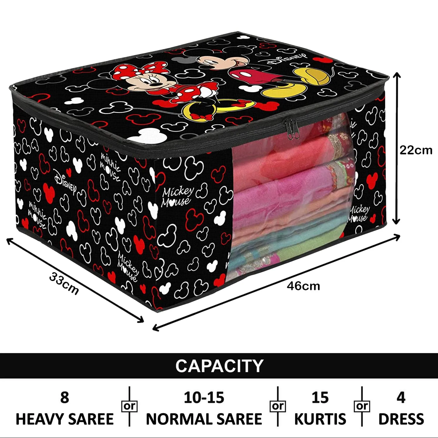 Heart Home Disney Mickey Saree Cover|Non-Woven Foldable Clothes Bag|Transparent Window Wardrobe Organizer|Extra Large|Pack of 6 (Black)