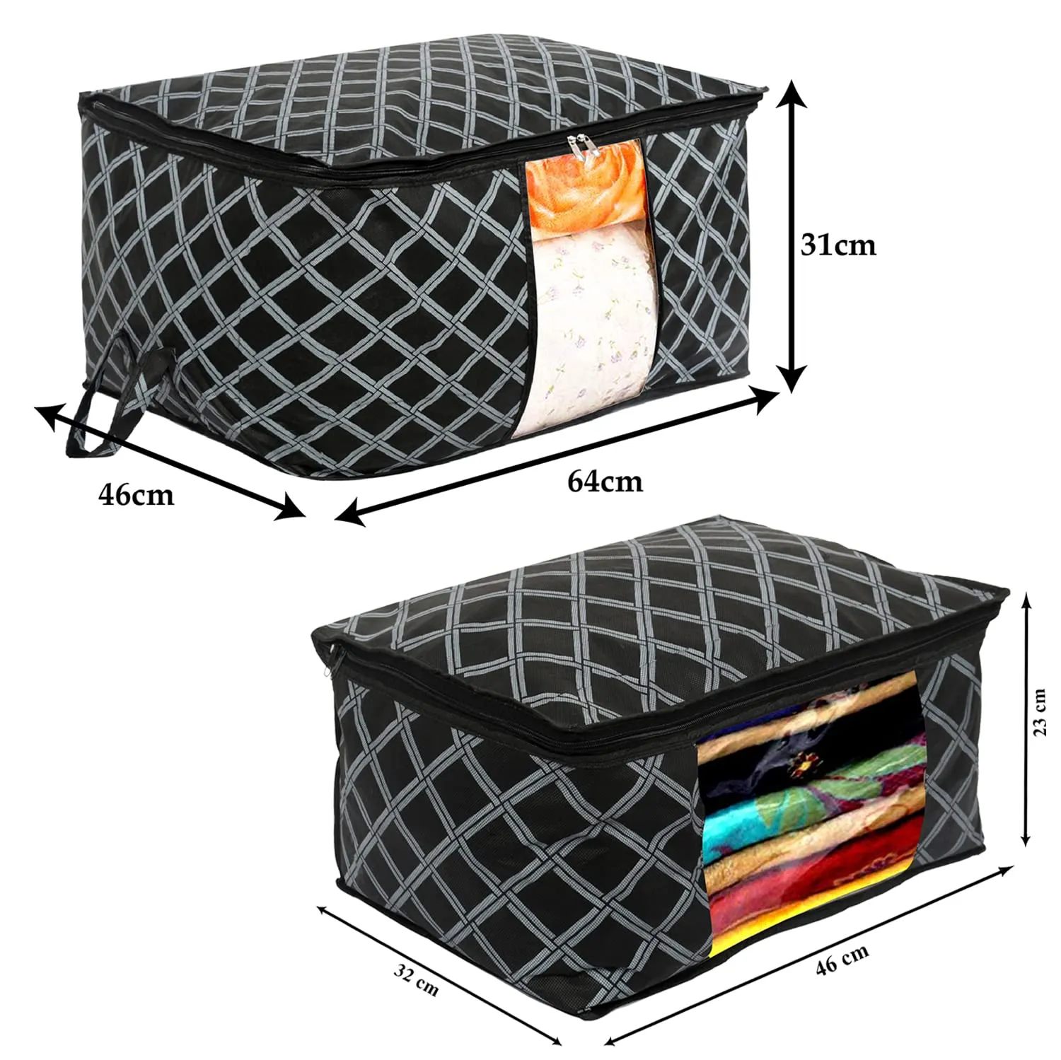 Heart Home Non-Woven Check Print 3 Pieces Underbed Storage Bag & 3 Pieces Saree Cover With Transparent Window, Pack of 6 (Black)