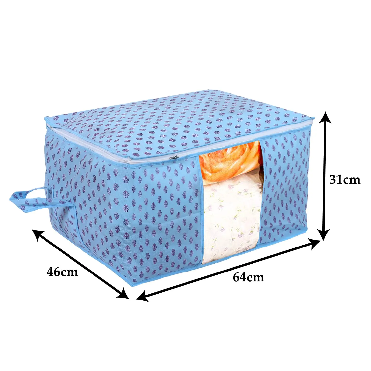 Heart Home Non-Woven Floral Print Underbed|Blanket Cover With Transparent Window, Zippered & Handle, Pack of 6 (Sky Blue)