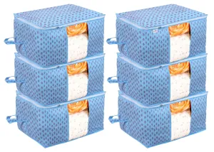 Heart Home Non-Woven Floral Print Underbed|Blanket Cover With Transparent Window, Zippered & Handle, Pack of 6 (Sky Blue)