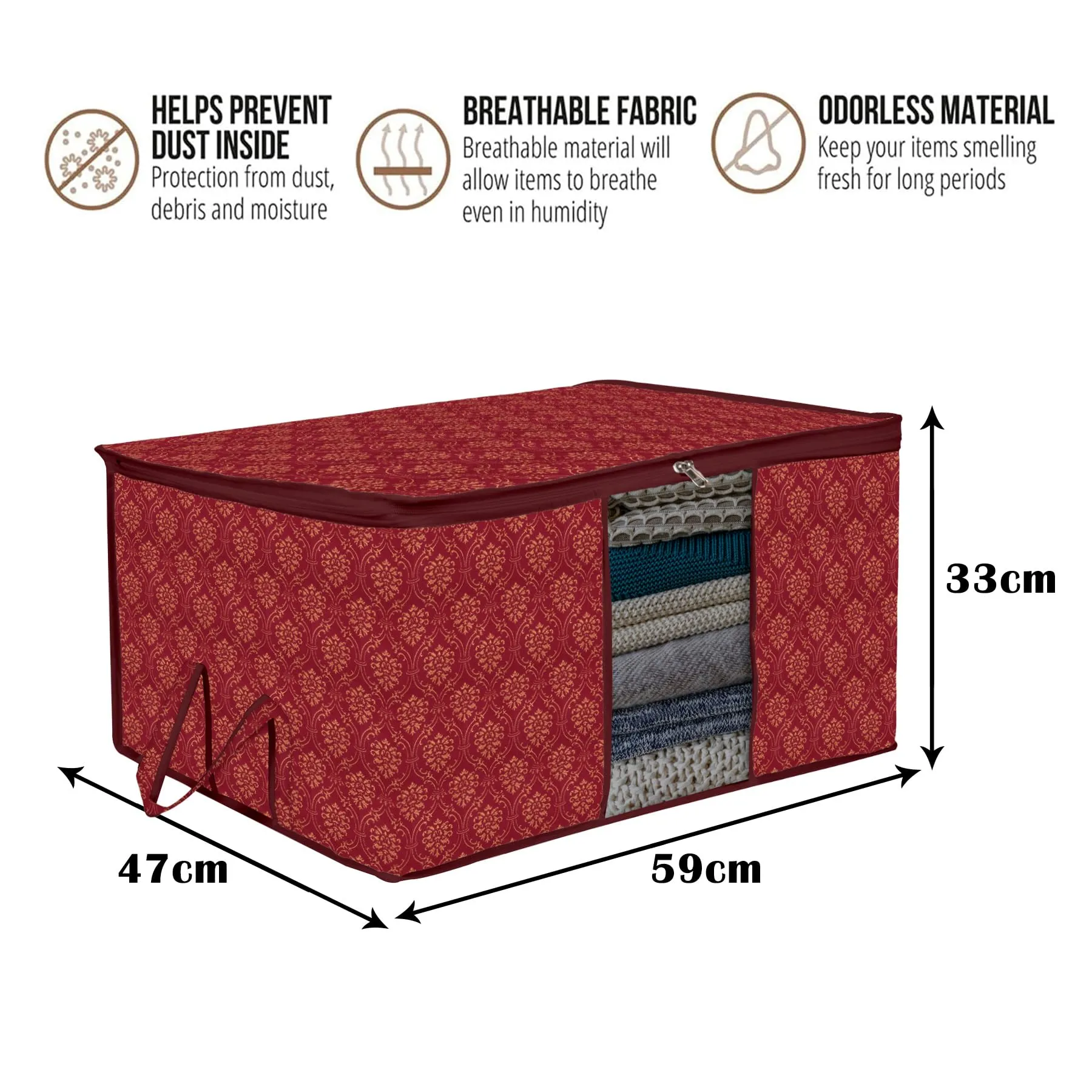 Heart Home Underbed Storage Bag|Clothes Storage Organizer|Clear Window Blanket Cover|Cloth Organizer with Handle|Golden Printed-Design|Large|Pack of 2|Maroon