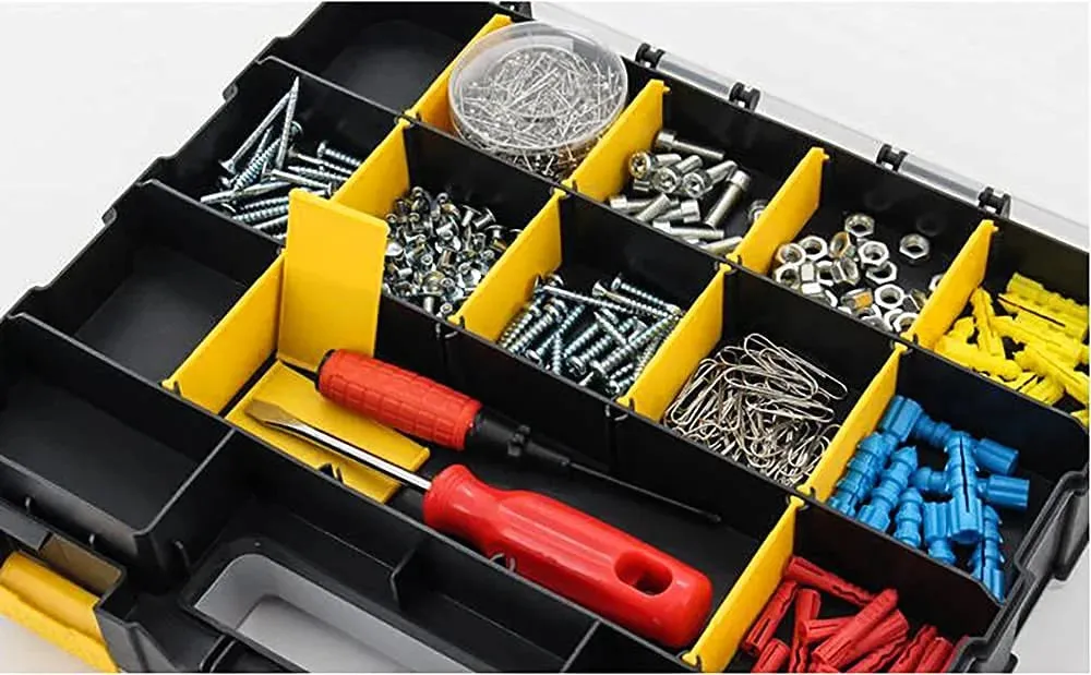 ITEM# 0097   Tools Organizer Box Small Parts Storage Box 34-Compartment Double Side Hardware Organizers with Removable Plastic Dividers for Screws, Nuts, Nails, Bolts