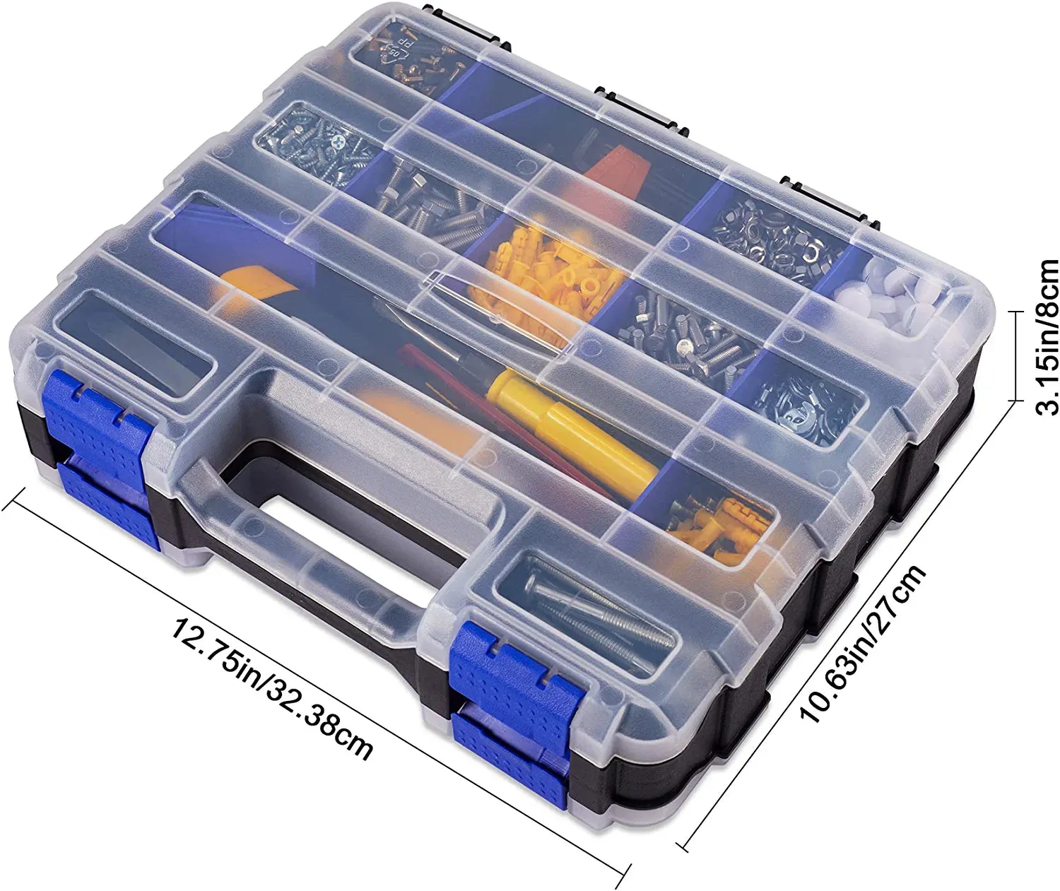 ITEM# 0097   Tools Organizer Box Small Parts Storage Box 34-Compartment Double Side Hardware Organizers with Removable Plastic Dividers for Screws, Nuts, Nails, Bolts