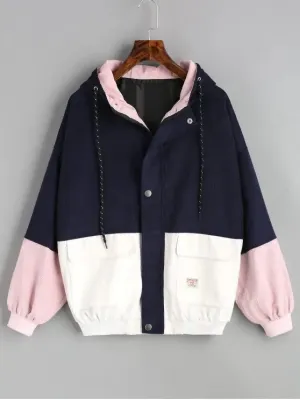 Navy Pink Hooded Color Block Corduroy Jacket