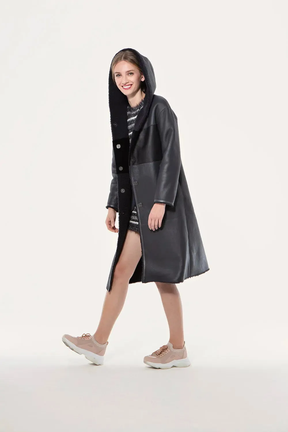 Reversible hooded sheepskin coat